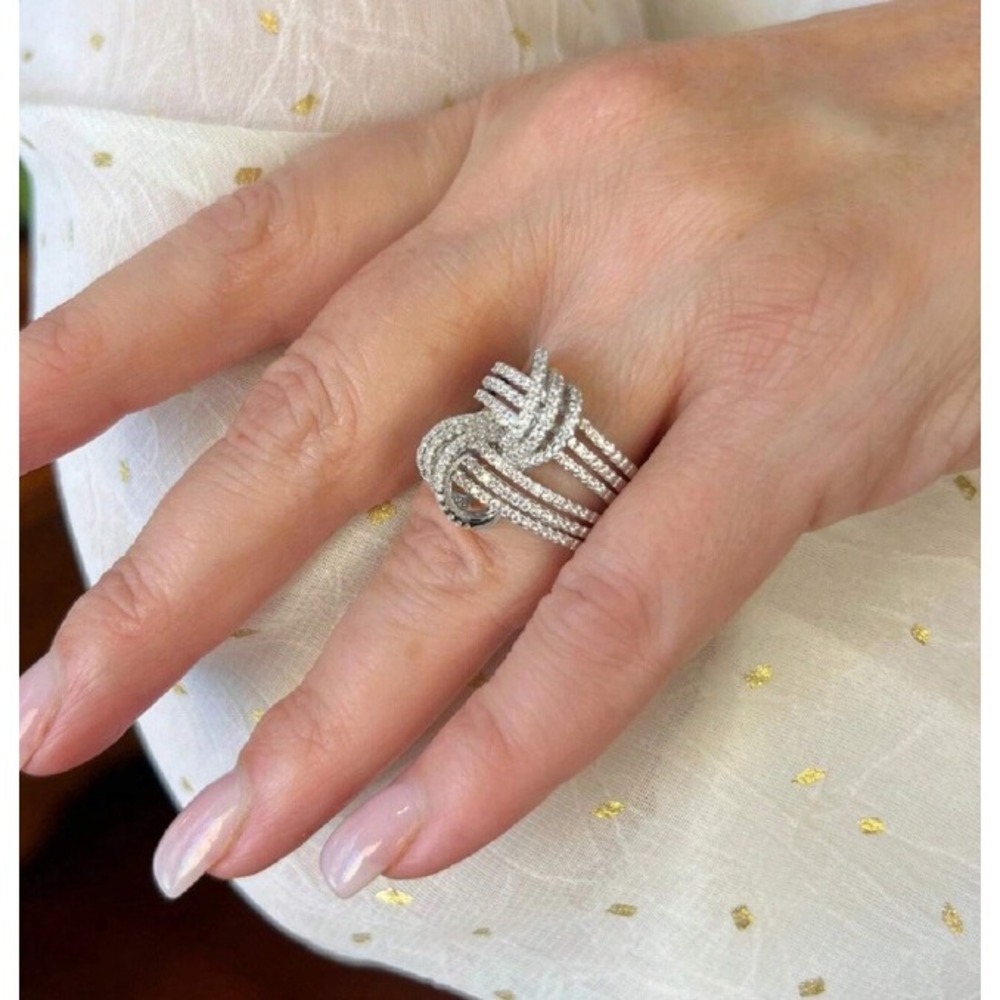 Silver Tone Multi Row Pave Knot Statement Ring Size 8 Wide Band Crystal Ring - Picture 2 of 5